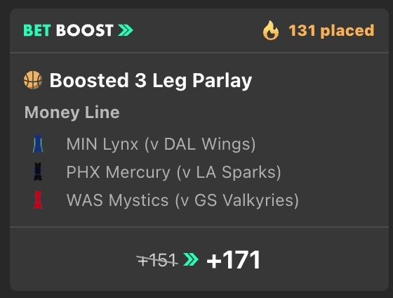 Screenshot of a Bet365 WNBA moneyline parlay boost